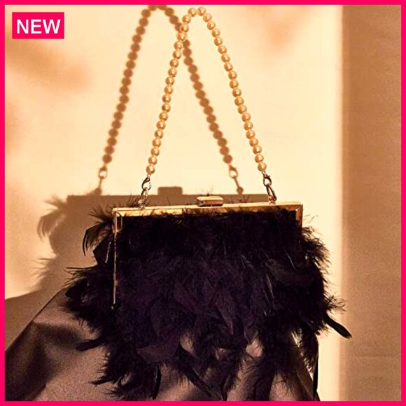 Faux Feather Clutch Purse with 2 Chains, Evening Bag for Weddings Parties - Picture 3 of 8
